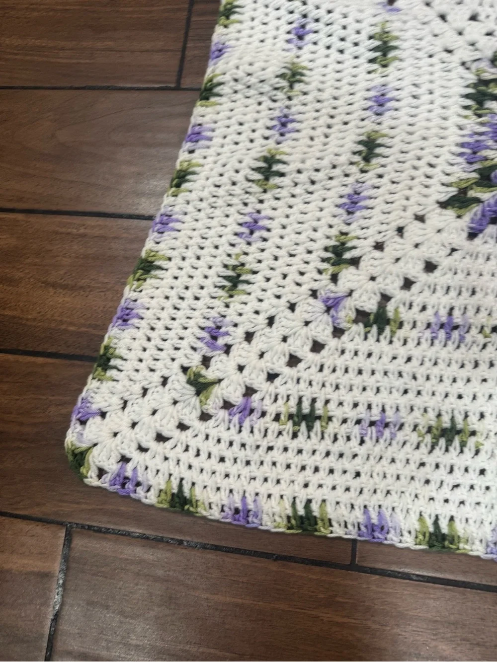 Crochet Square Blanket - White with Lavender & Green Accents 31